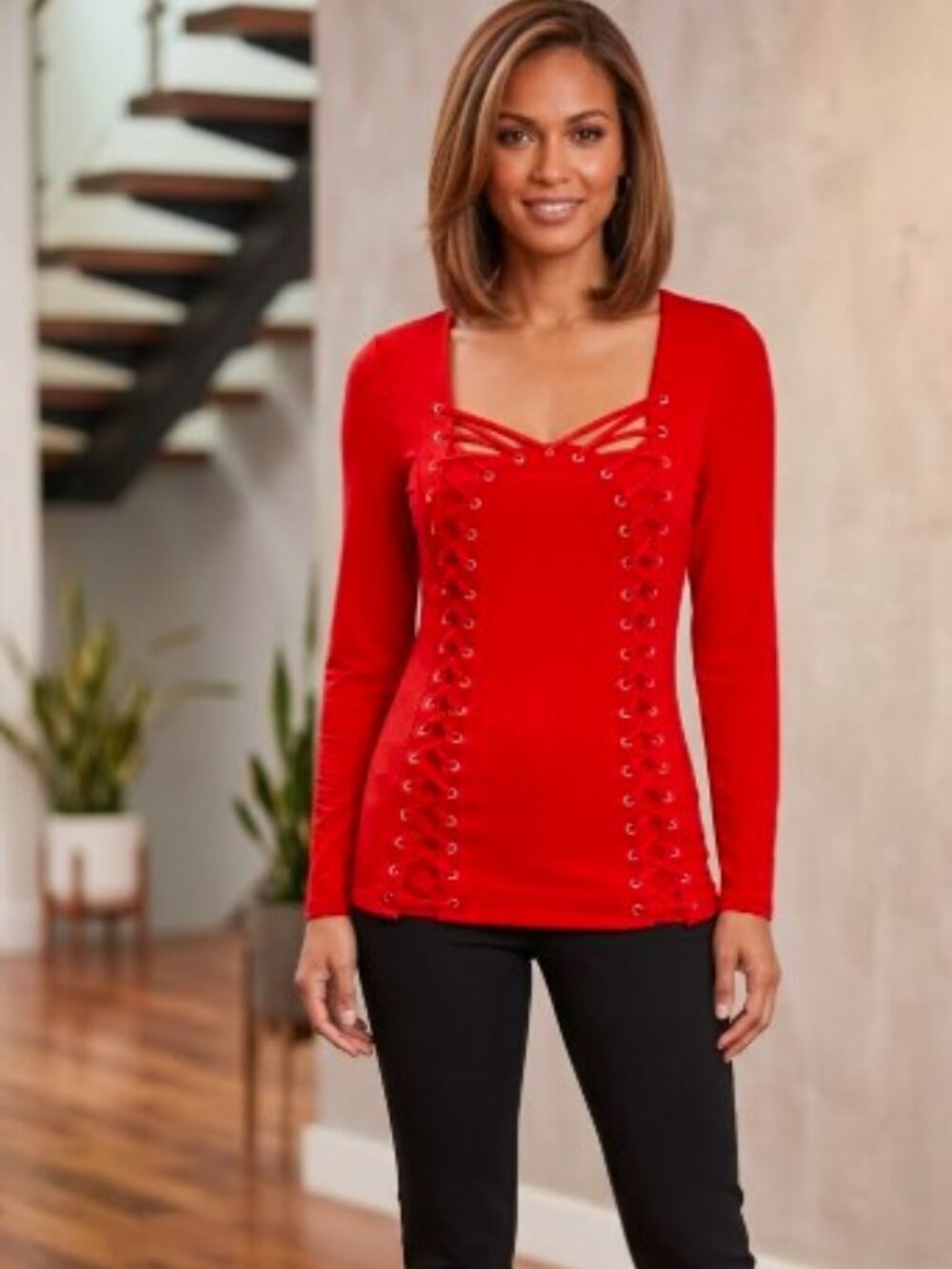 Venus Red Lace Up Corset Front Long Sleeve Tunic Top M